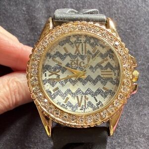 Black Chain-Link Stretch Band Watch with Gold Accents